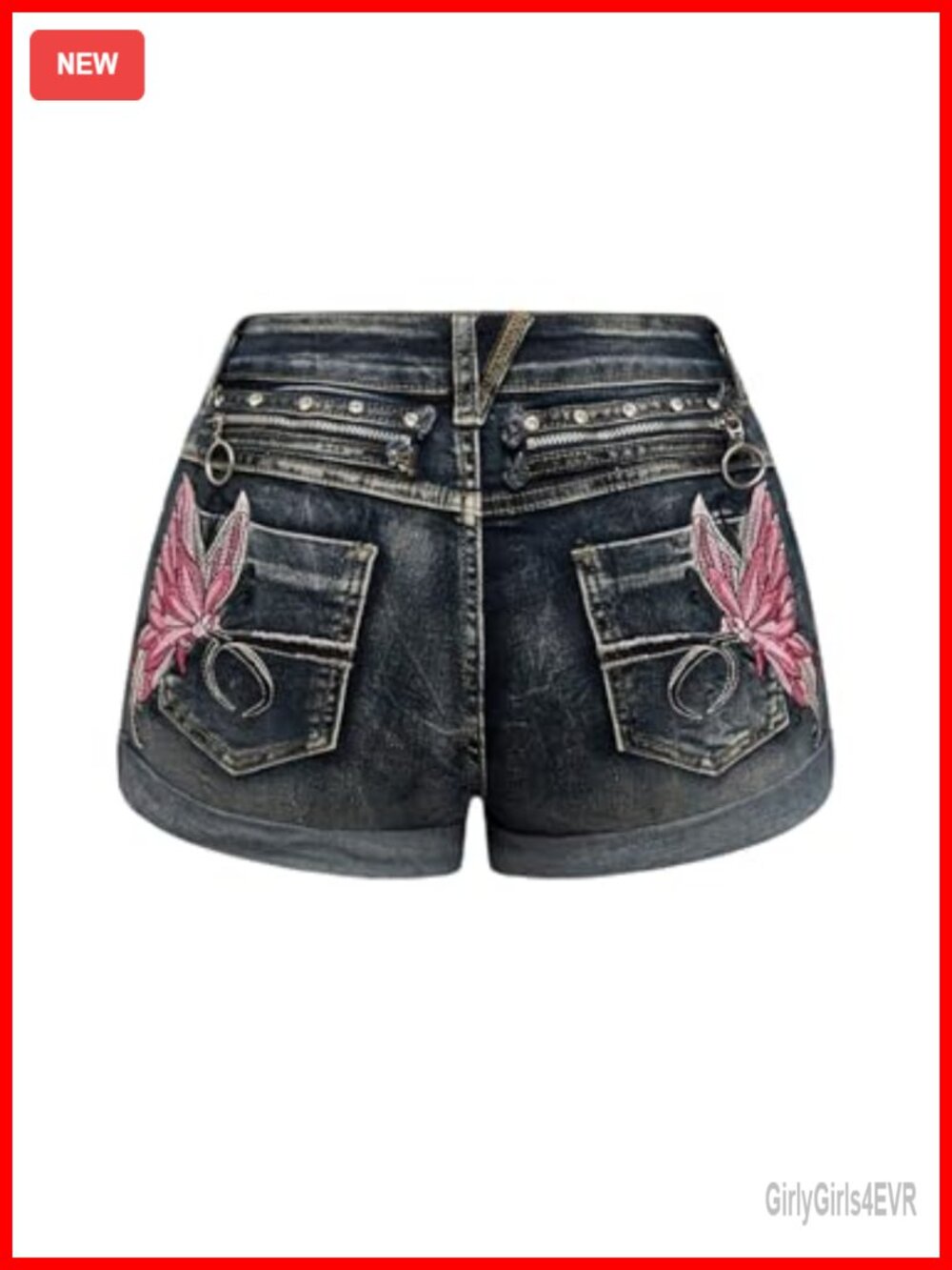 Y2K Distressed Low Rise Denim Shorts with Butterfly Embroidery, Skinny Fit